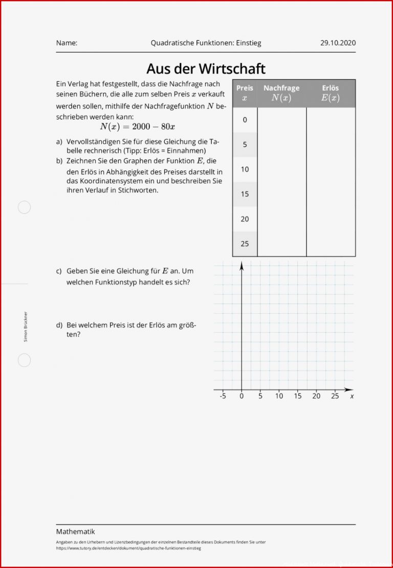 Arbeitsblatt Quadratische Funktionen Einstieg