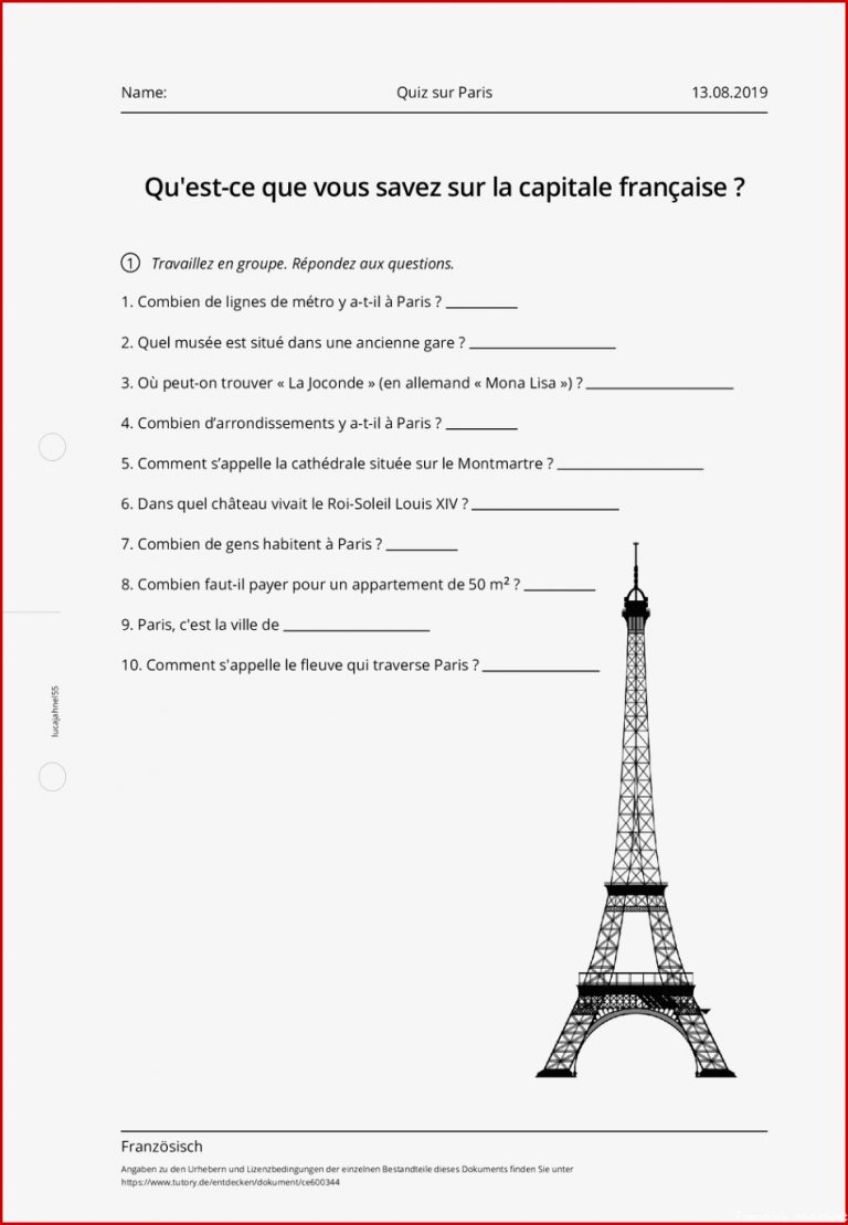 Arbeitsblatt Quiz Sur Paris Französisch Tutory