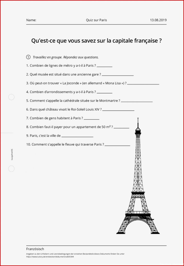 Arbeitsblatt Quiz sur Paris Französisch tutory