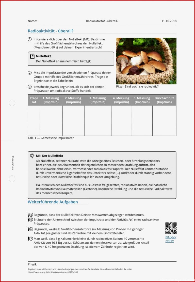 Arbeitsblatt Radioaktivität überall Physik