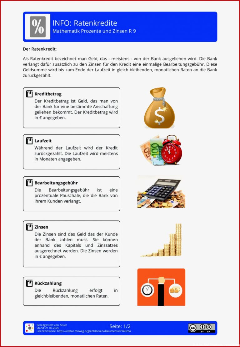 Arbeitsblatt Ratenkredite Mathematik Prozente und