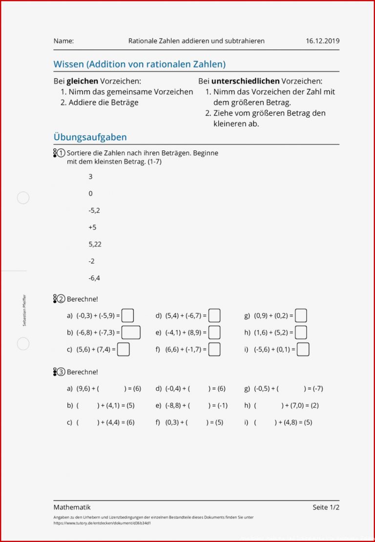 Arbeitsblatt Rationale Zahlen Ad Ren Und Subtrahieren