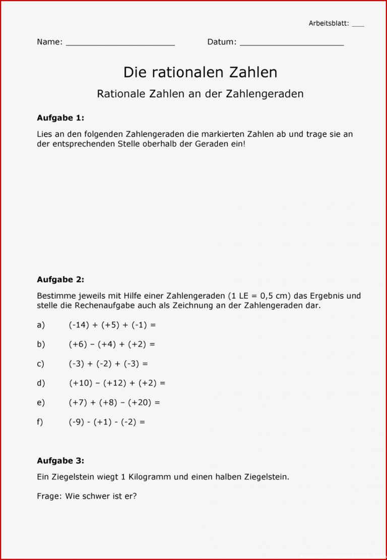 Arbeitsblatt Rationale Zahlen An Der Zahlengeraden