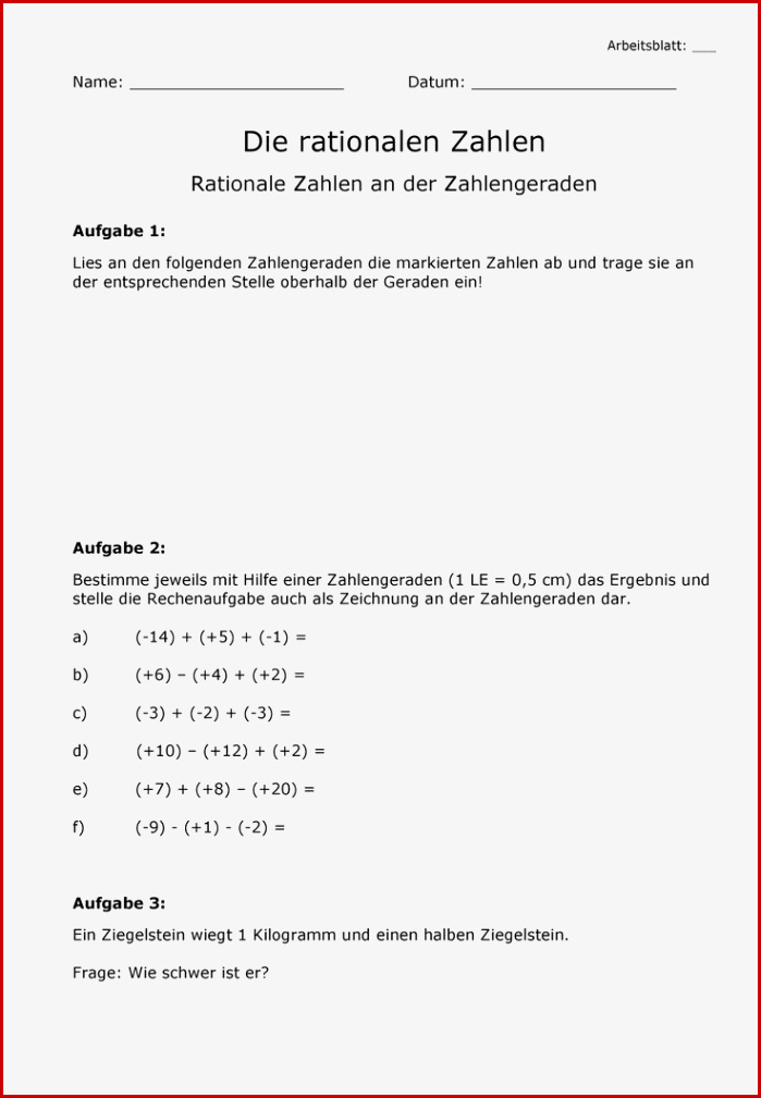 Arbeitsblatt Rationale Zahlen An Der Zahlengeraden