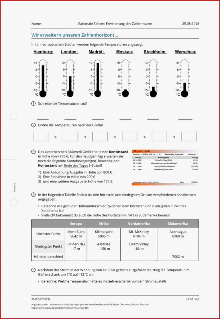 Arbeitsblatt Rationale Zahlen Erweiterung des