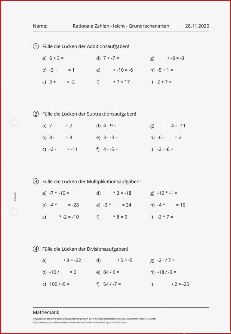 Arbeitsblatt Rationale Zahlen Leicht