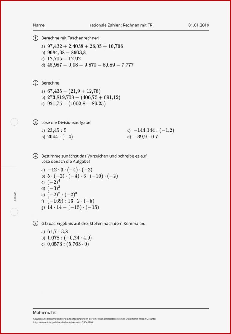 Arbeitsblatt Rationale Zahlen Rechnen Mit Tr