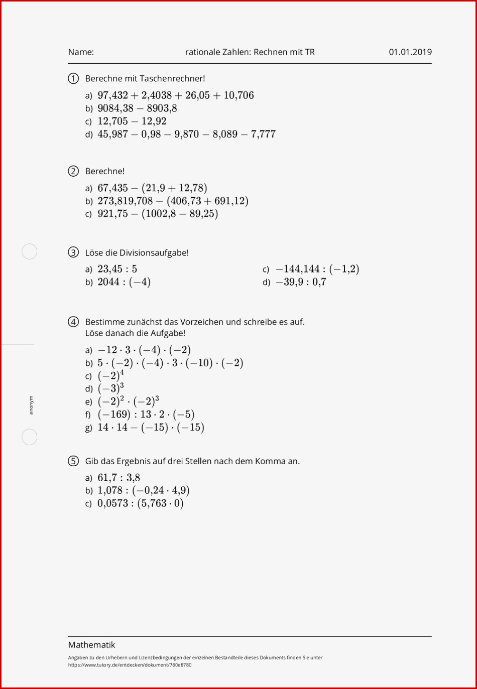Arbeitsblatt Rationale Zahlen Rechnen Mit Tr