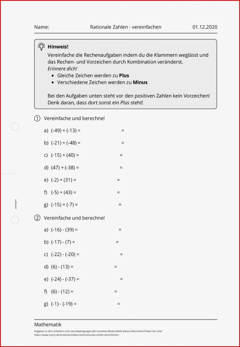 Arbeitsblatt Rationale Zahlen vereinfachen