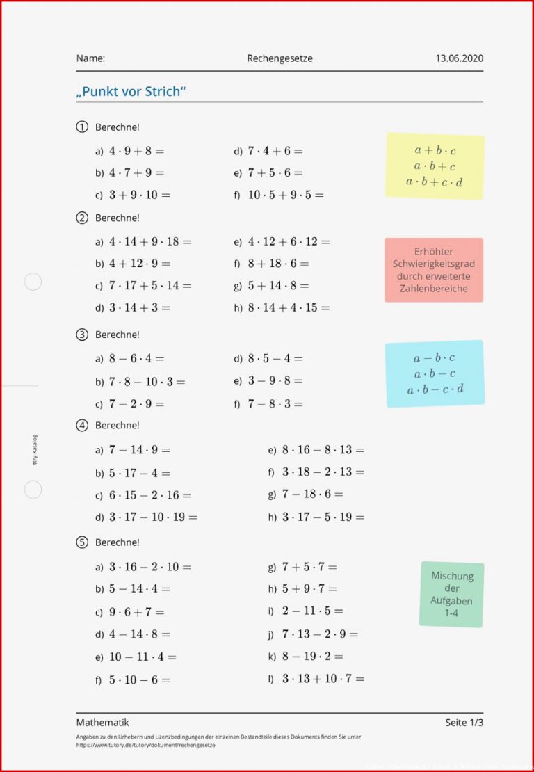 Arbeitsblatt Rechengesetze Mathematik Tutory