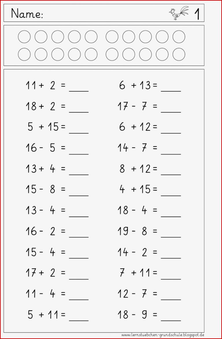 Arbeitsblatt Rechnen Bis 20 Mit Zehnerübergang