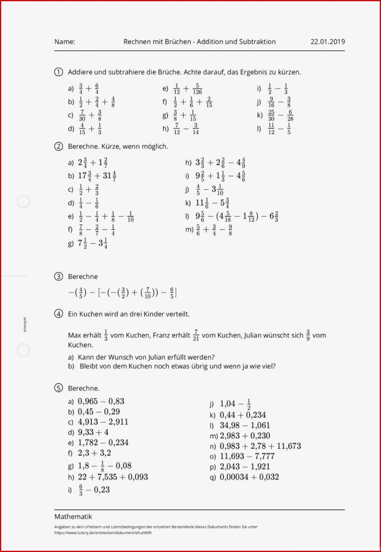 Arbeitsblatt Rechnen mit Brüchen Addition und