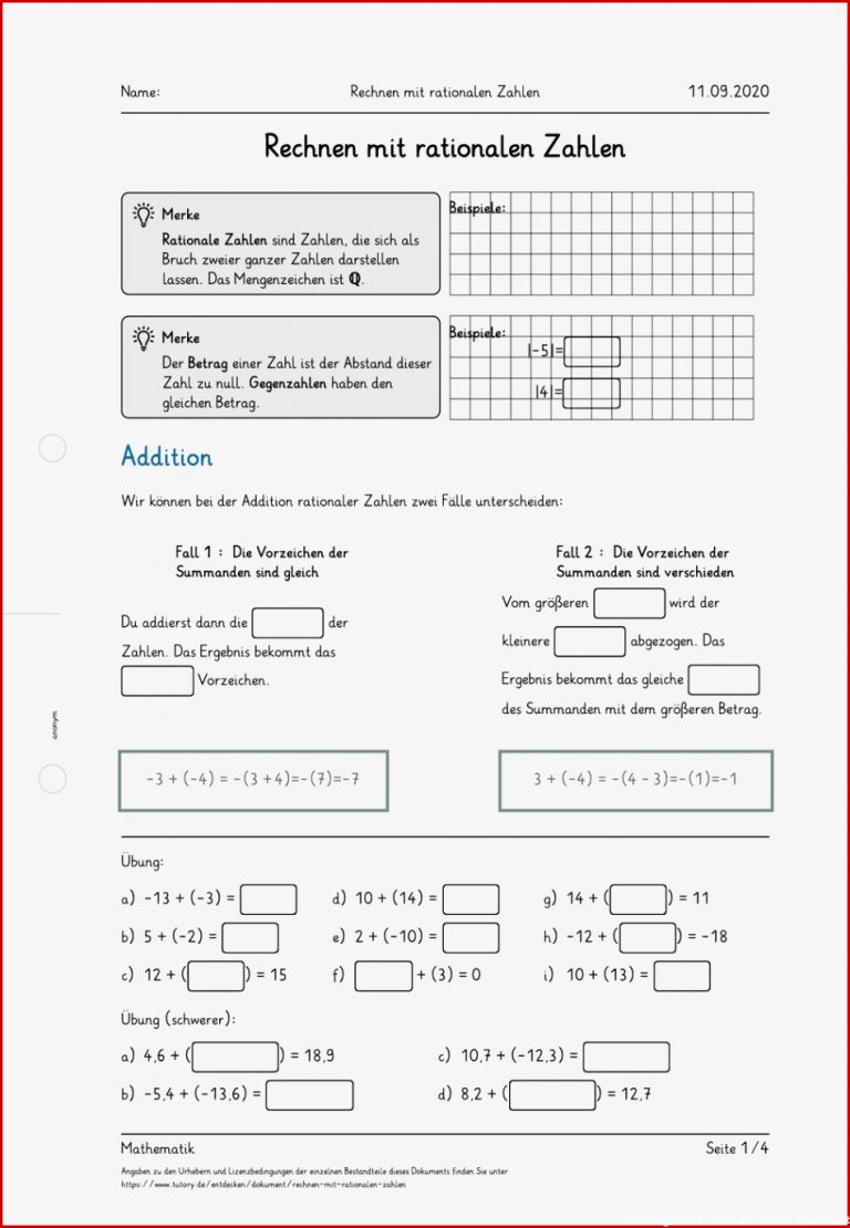 Arbeitsblatt Rechnen mit rationalen Zahlen Mathematik