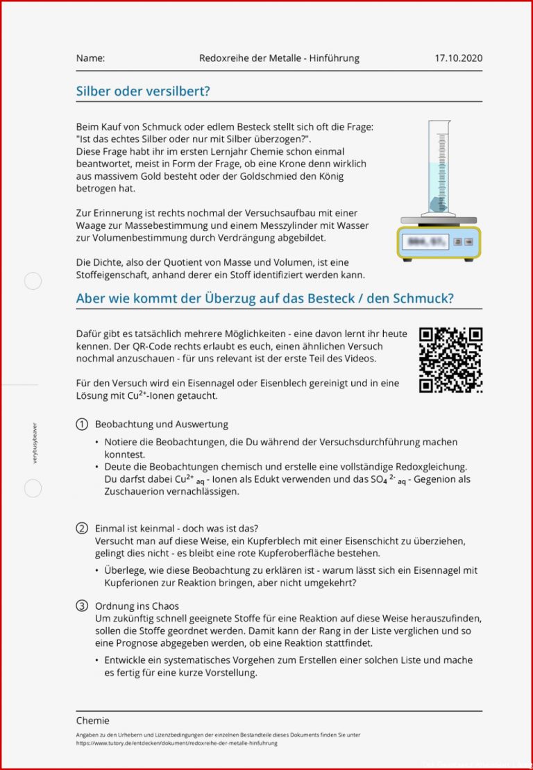 Arbeitsblatt Redoxreihe Der Metalle Hinführung