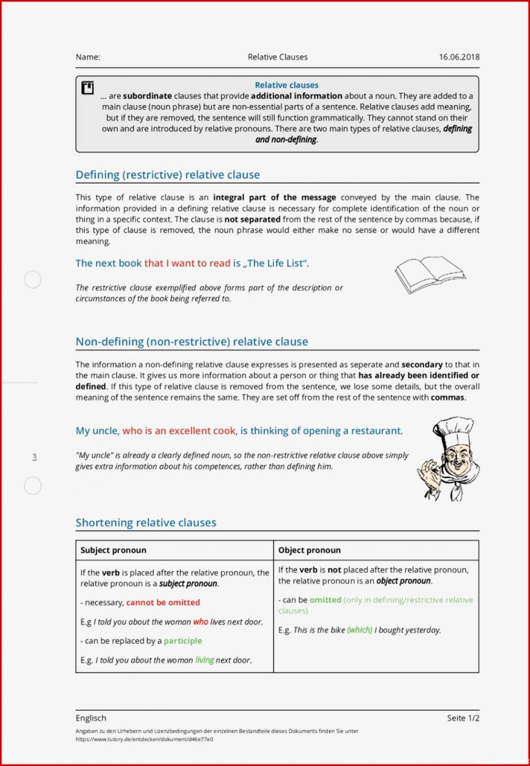 Arbeitsblatt Relative Clauses Englisch sonstige