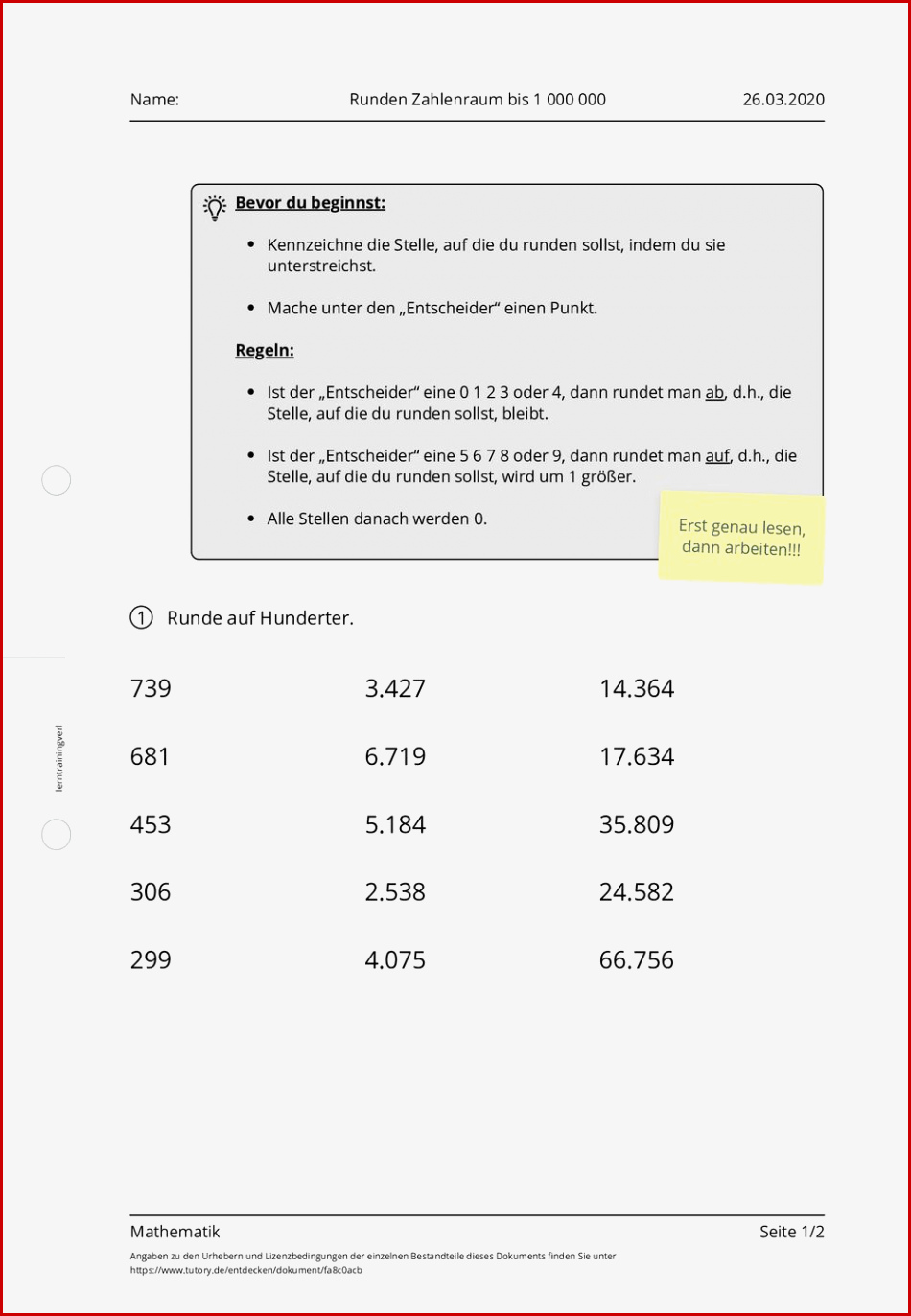Arbeitsblatt Runden Zahlenraum Bis 1 000 000