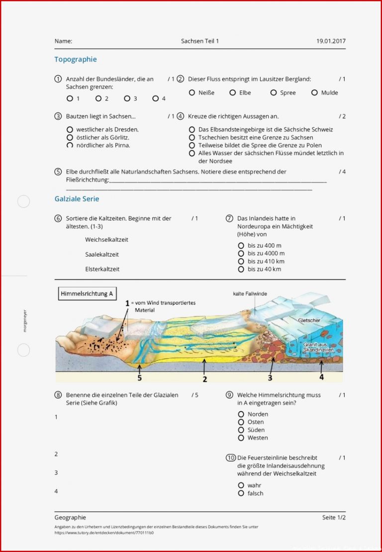 Arbeitsblatt Sachsen Teil 1 Geographie Allgemeine