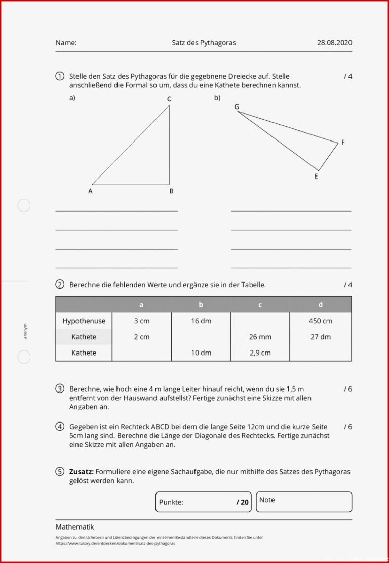 Arbeitsblatt Satz des Pythagoras Mathematik tutory