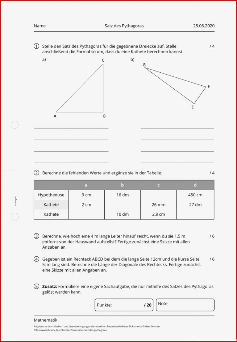 Arbeitsblatt Satz Des Pythagoras Mathematik Tutory