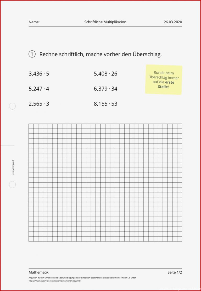 Arbeitsblatt Schriftliche Multiplikation Mathematik