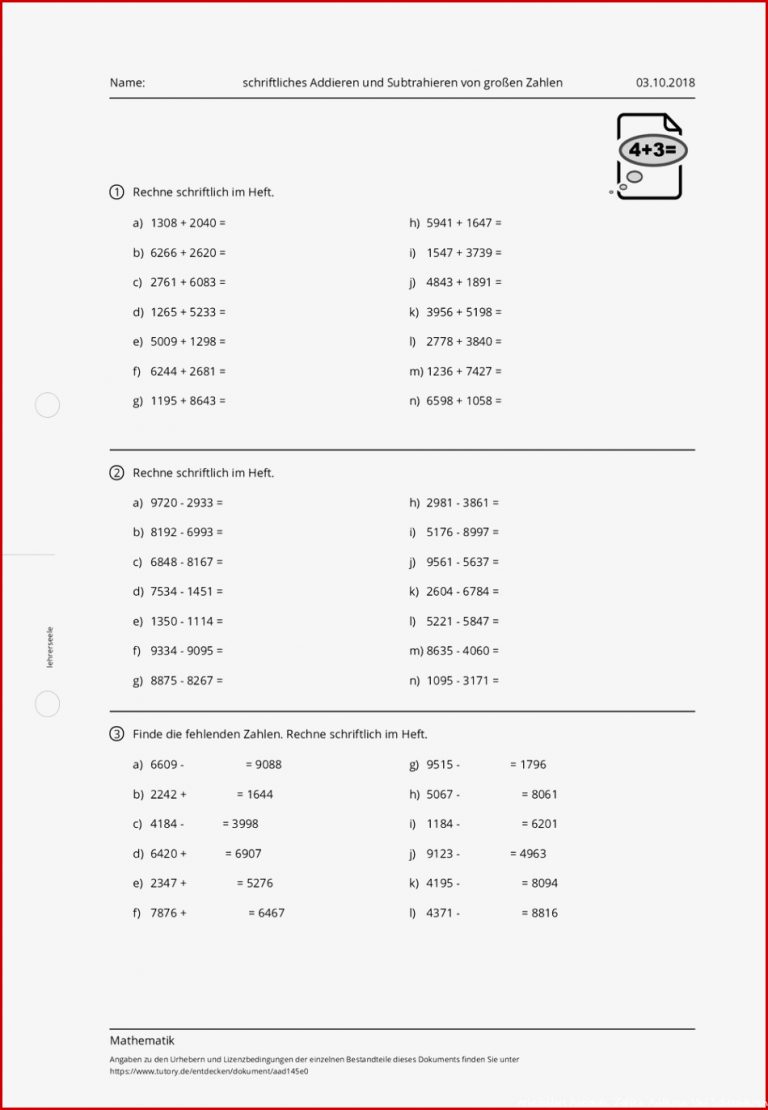 Arbeitsblatt Schriftliches Ad Ren Und Subtrahieren Von