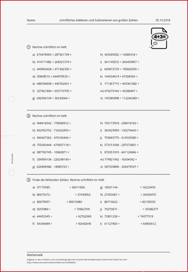 Arbeitsblatt schriftliches Ad ren und Subtrahieren von