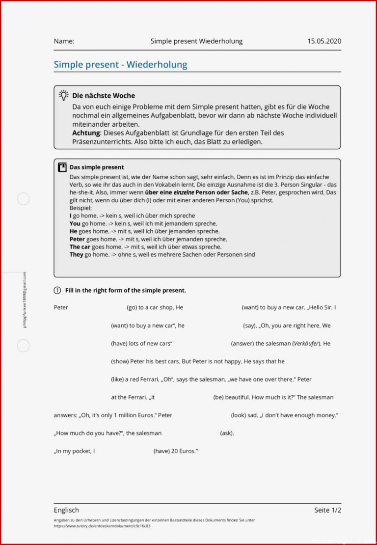 Arbeitsblatt Simple Present Wiederholung Englisch