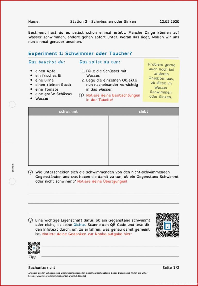 Arbeitsblatt Station 2 Schwimmen oder Sinken Kostenlos als Download Arbeitsblatt Station 2 Schwimmen oder Sinken