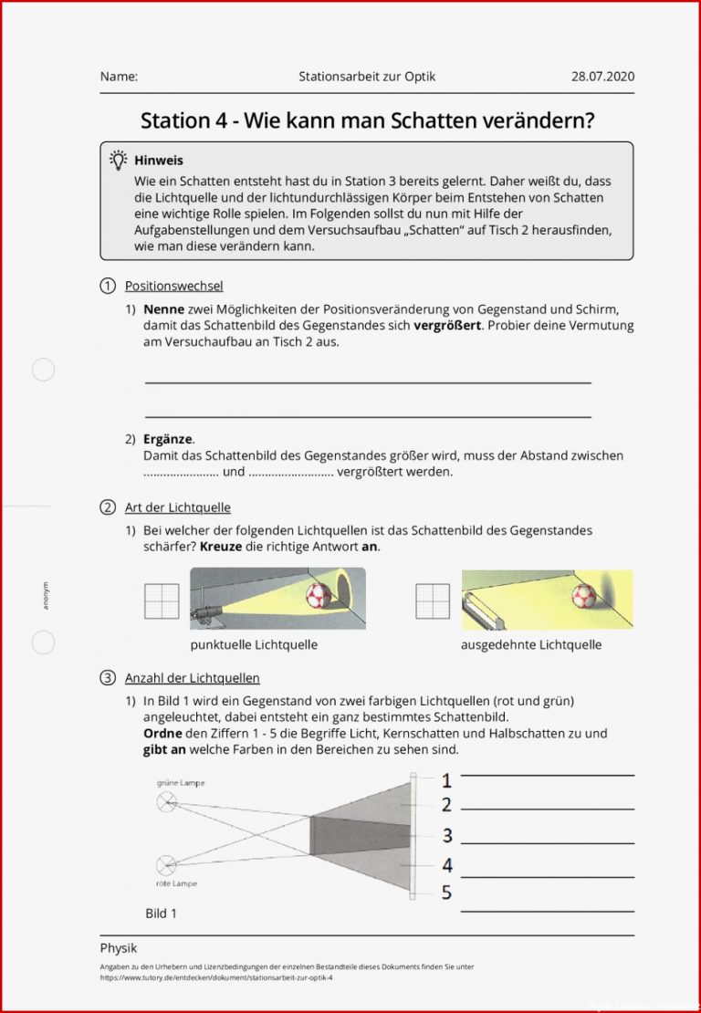 Arbeitsblatt Stationsarbeit zur Optik Physik tutory