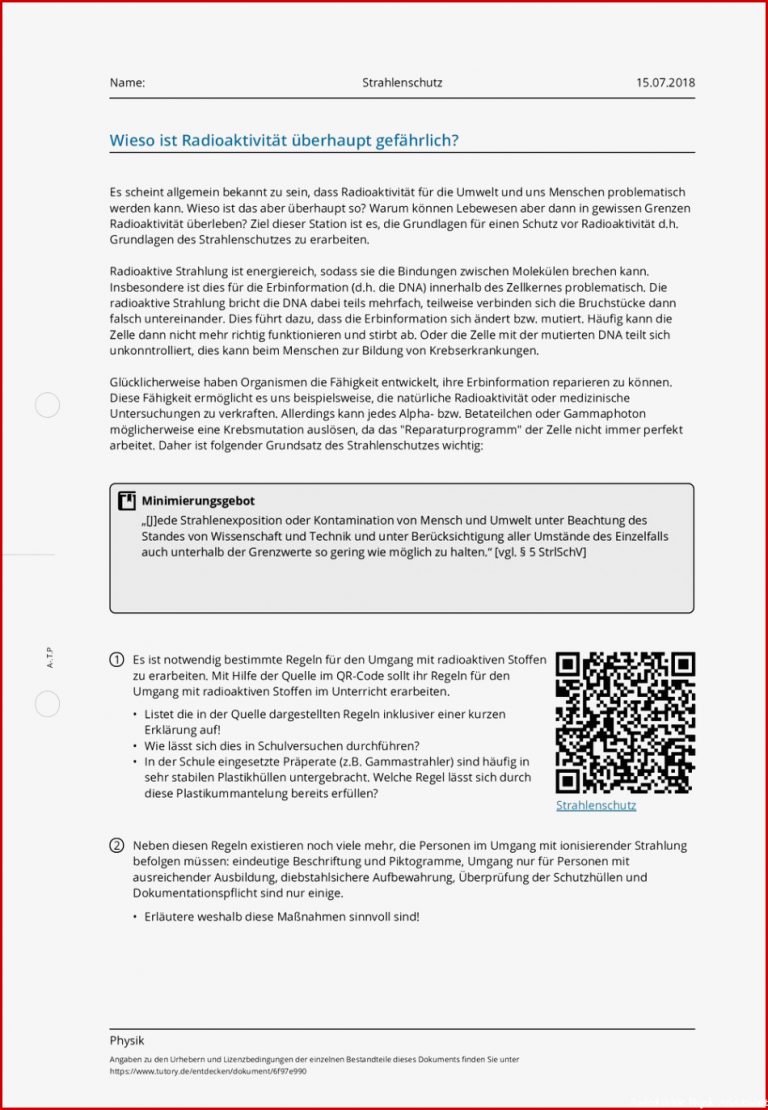 Arbeitsblatt Strahlenschutz Physik Allgemeine