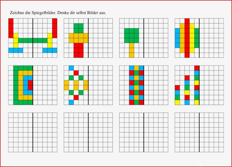 Arbeitsblatt Symmetrie Spiegelbilder zeichnen bunt