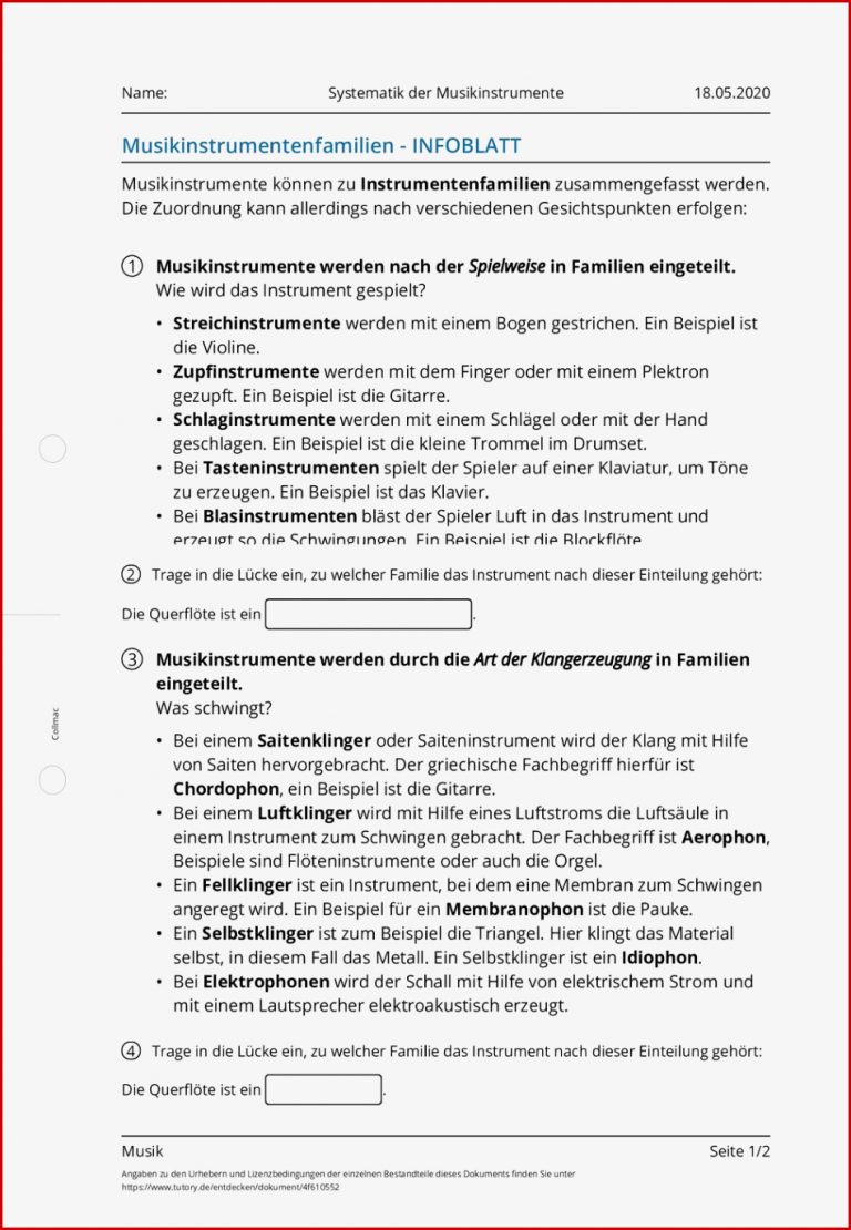 Arbeitsblatt Systematik Der Musikinstrumente Musik