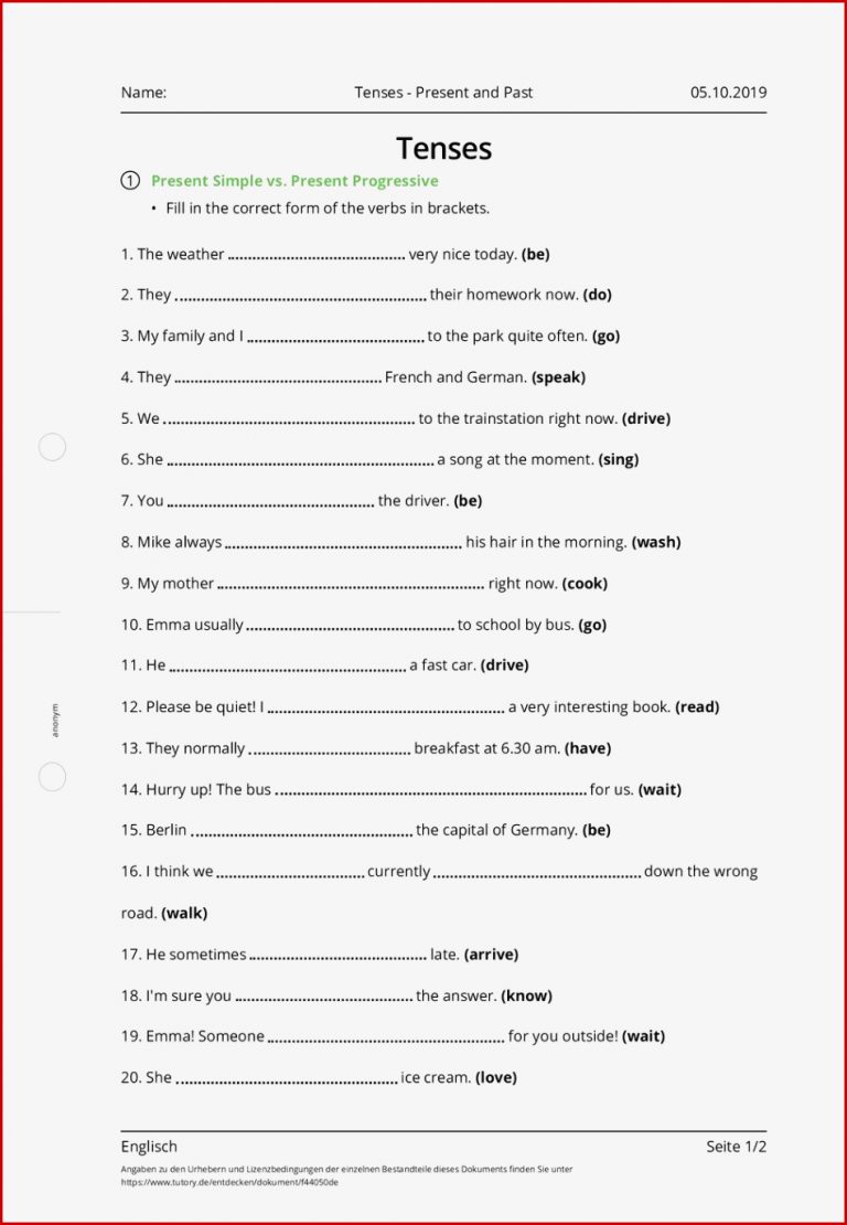 Arbeitsblatt Tenses Present and Past Englisch