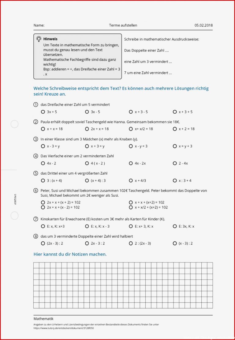 Arbeitsblatt Terme aufstellen Mathematik