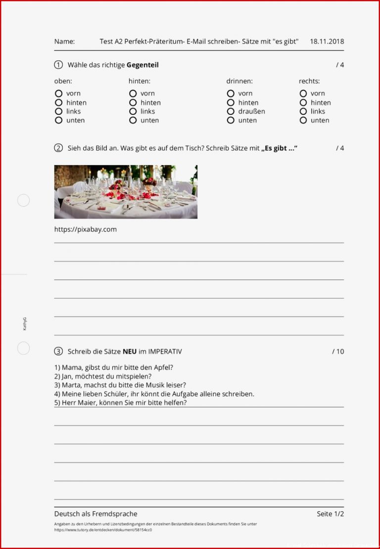 Arbeitsblatt Test A2 Perfekt Präteritum E Mail