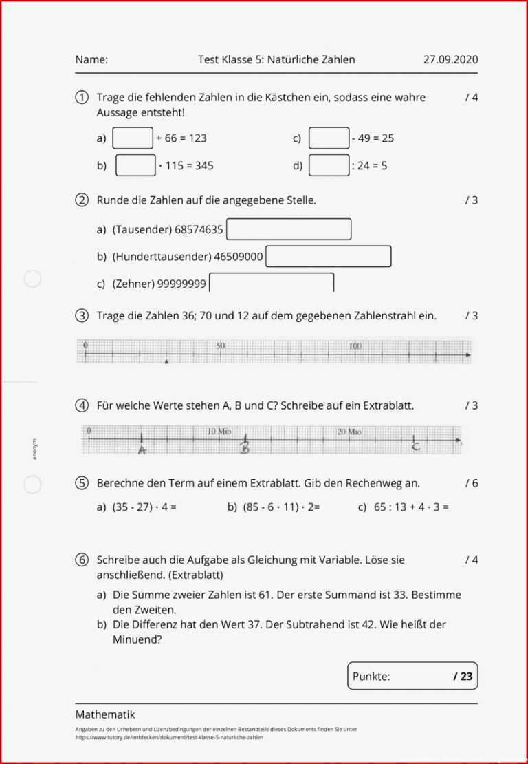Arbeitsblatt Test Klasse 5 Natürliche Zahlen