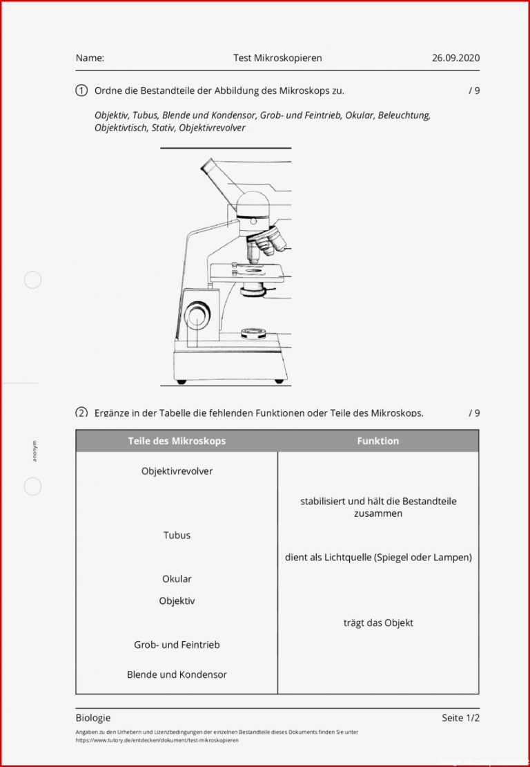 Arbeitsblatt Test Mikroskopieren Biologie tutory