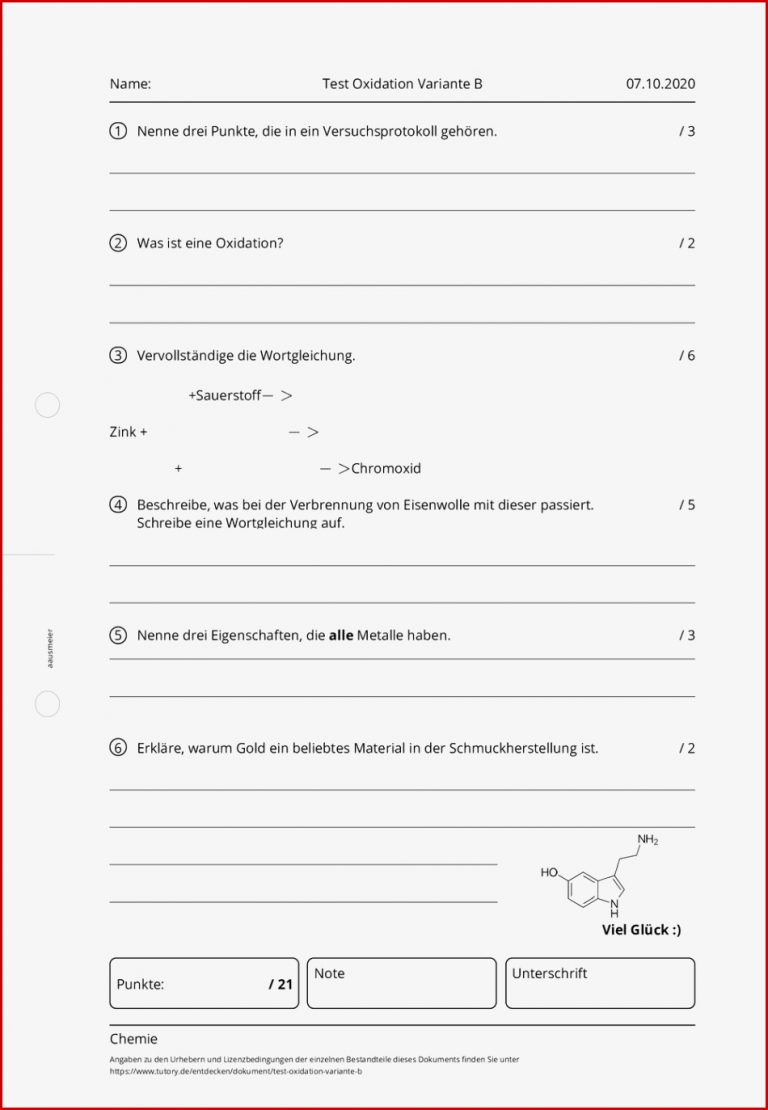 Arbeitsblatt Test Oxidation Variante B Chemie tutory