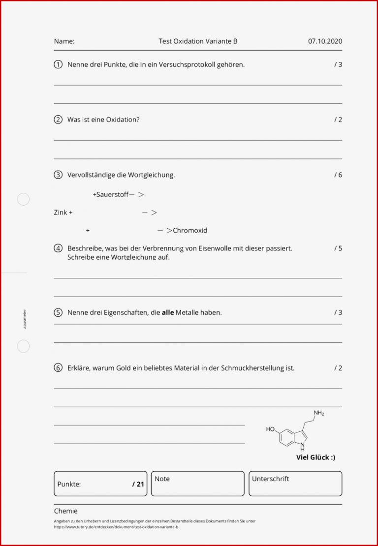 Arbeitsblatt Test Oxidation Variante B Chemie Tutory