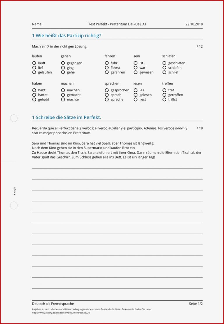 Arbeitsblatt Test Perfekt Präteritum Daf Daz A1