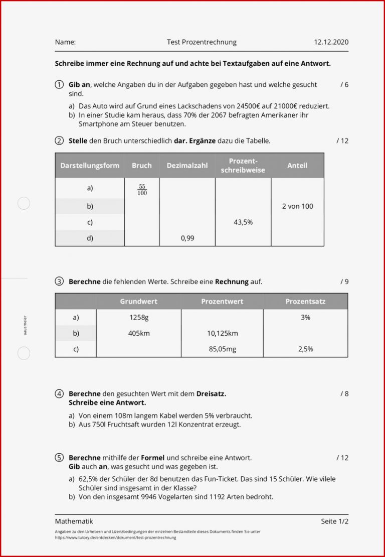 Arbeitsblatt Test Prozentrechnung Mathematik tutory