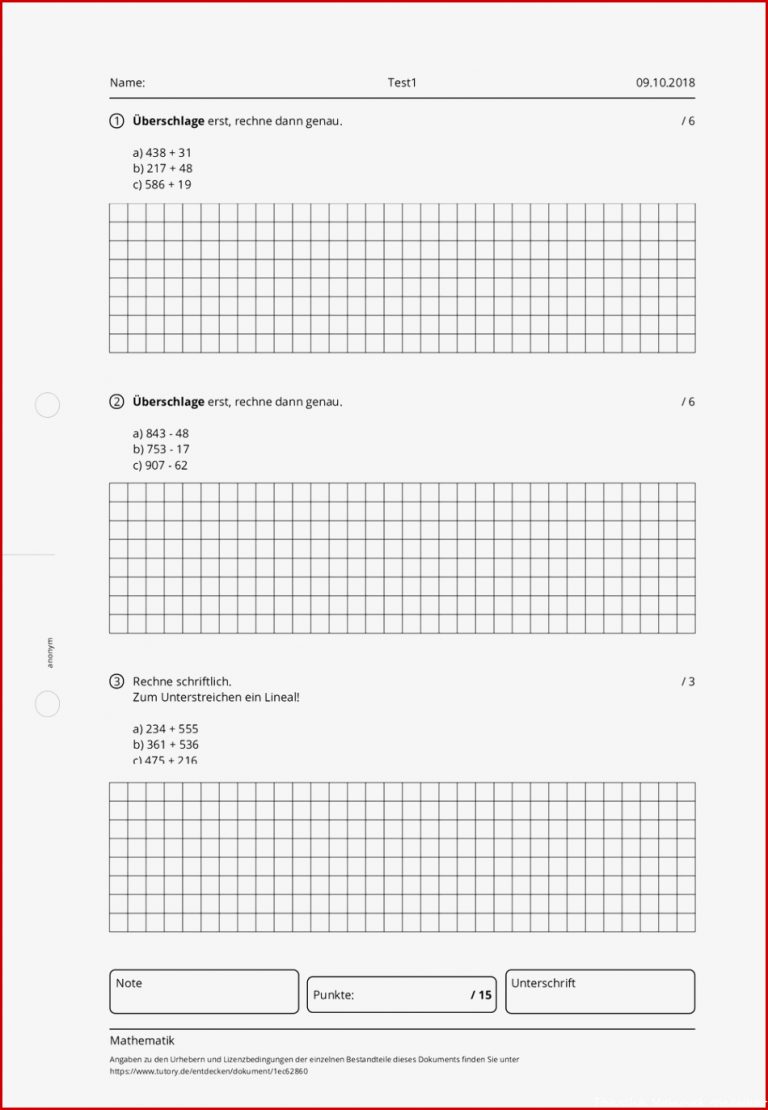 Arbeitsblatt Test1 Mathematik Förderschule Tutory