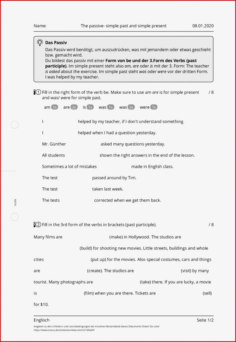 Arbeitsblatt The passive simple past and simple present