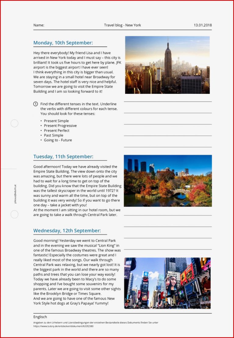 Arbeitsblatt Travel blog New York Englisch tutory