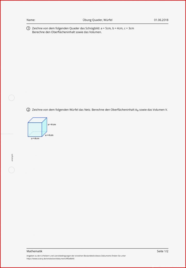 Arbeitsblatt Übung Quader Würfel Mathematik Tutory