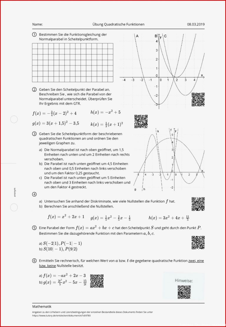 Arbeitsblatt Übung Quadratische Funktionen Mathematik