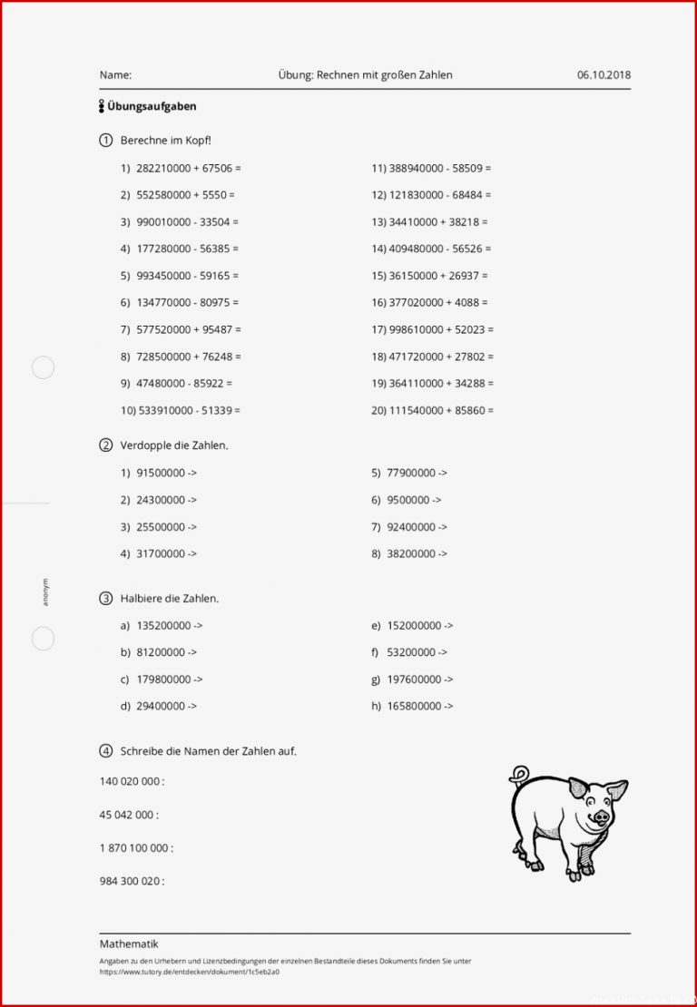 Arbeitsblatt Übung Rechnen Mit Großen Zahlen