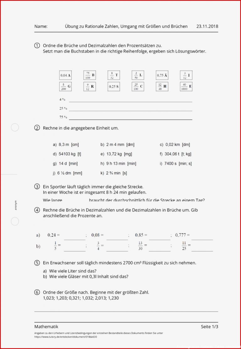 Arbeitsblatt Übung Zu Rationale Zahlen Umgang Mit