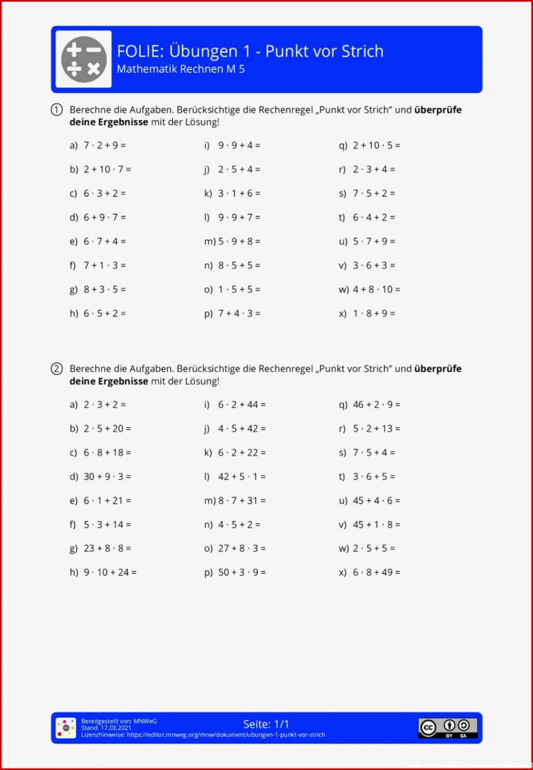 Arbeitsblatt Übungen 1 Punkt vor Strich Mathematik