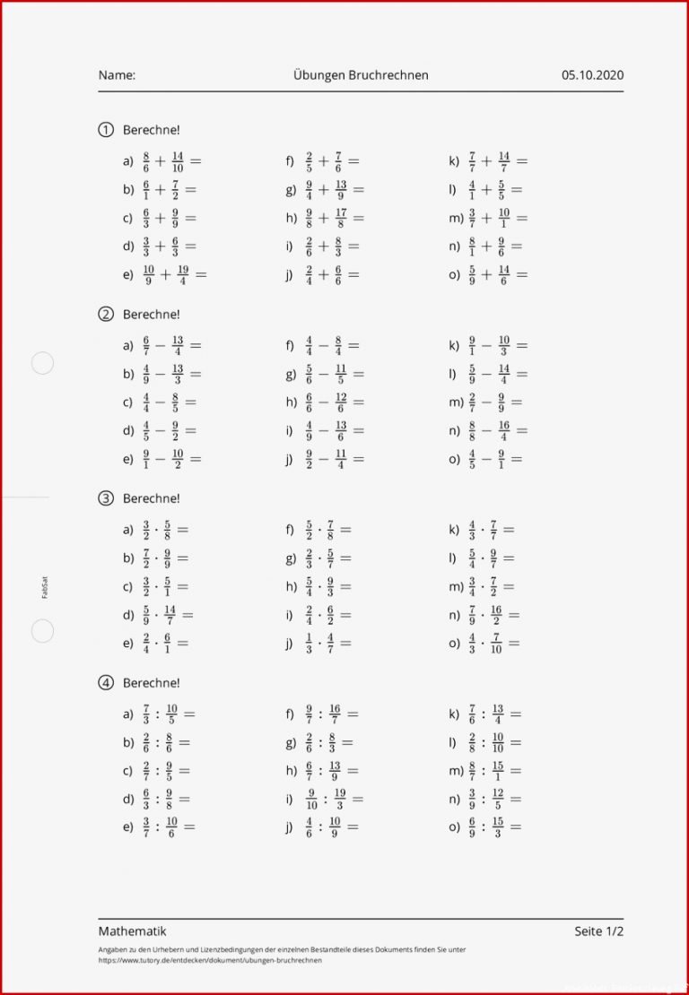 Arbeitsblatt Übungen Bruchrechnen Mathematik Tutory